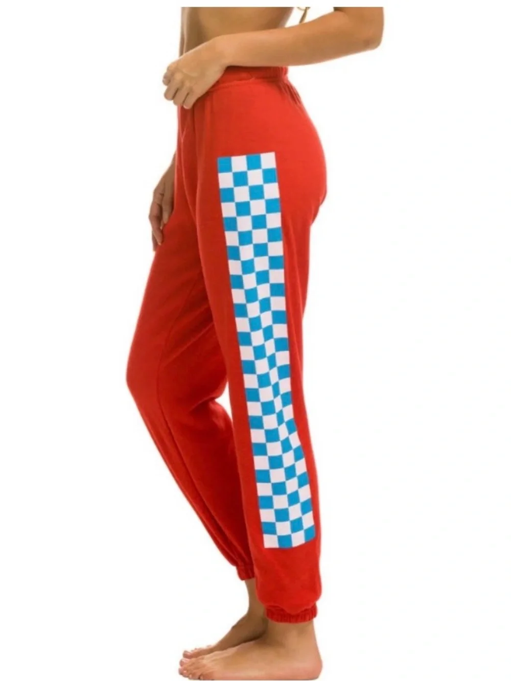 Aviator Nation Check Leg Sweatpants in Red. - Picture 2 of 8